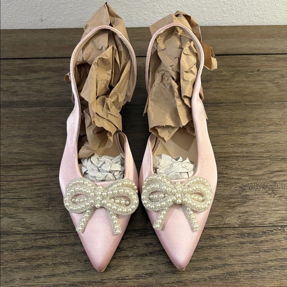 NEW [SHEIN] Pink Satin Slingback Low Heels Pearl Embellished Bow Women’s 8/EU 38 - Picture 11 of 15
